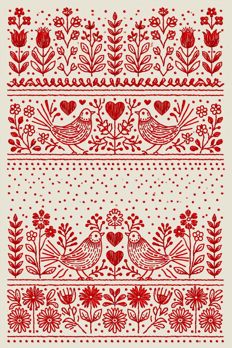 Original redwork design plate showing four folk birds, hearts and horizontal flower bands, from Redwork Embroidery Collection Edition One.