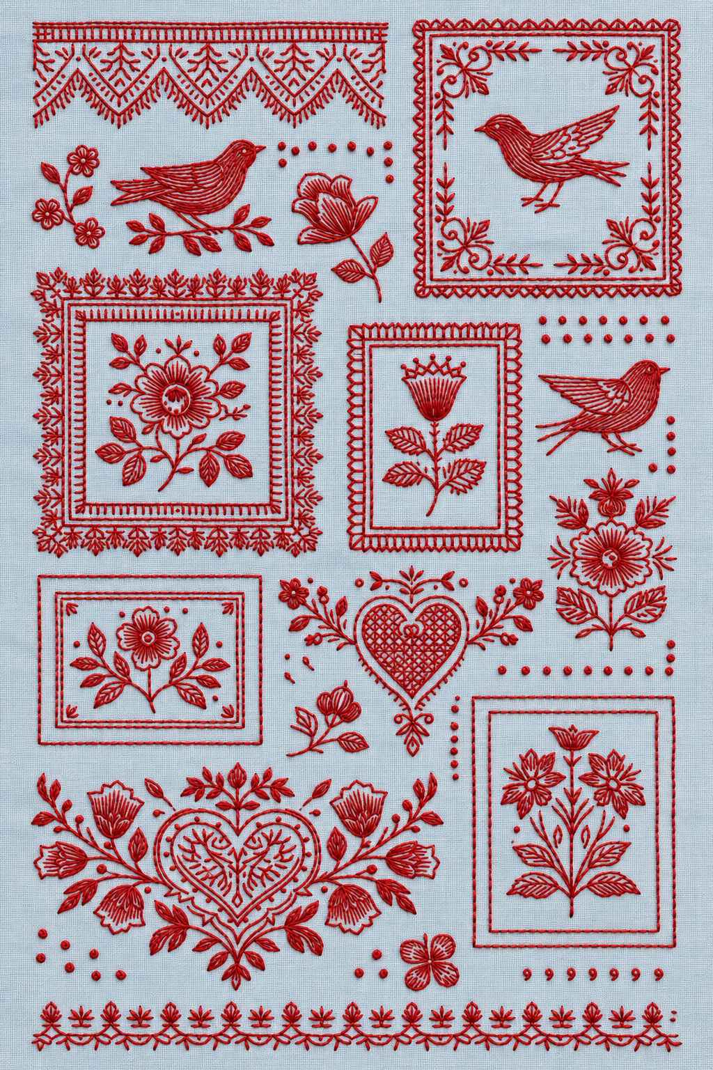 Embroidery visualization of framed birds, flowers and ornamental hearts in a single red cotton thread color on powder-blue linen.