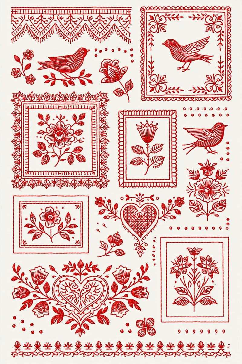 Original redwork design plate showing framed birds, flowers and ornamental hearts, from Redwork Embroidery Collection Edition One.
