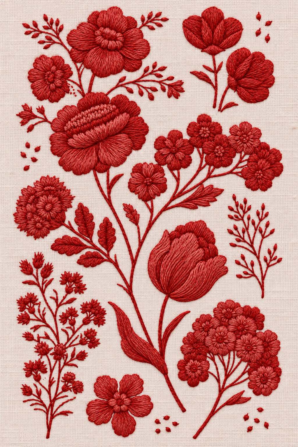 Embroidery visualization of garden flowers, clustered blossoms and tulip in a single red cotton thread color on blush linen.