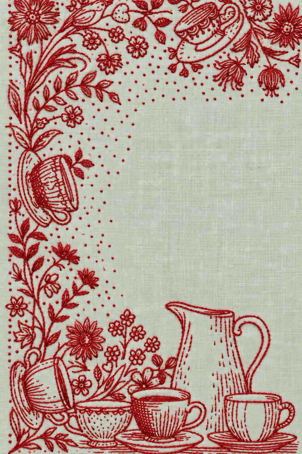 Embroidery visualization of cups, saucers, jug and floral kitchen border in a single red cotton thread color on celadon linen.