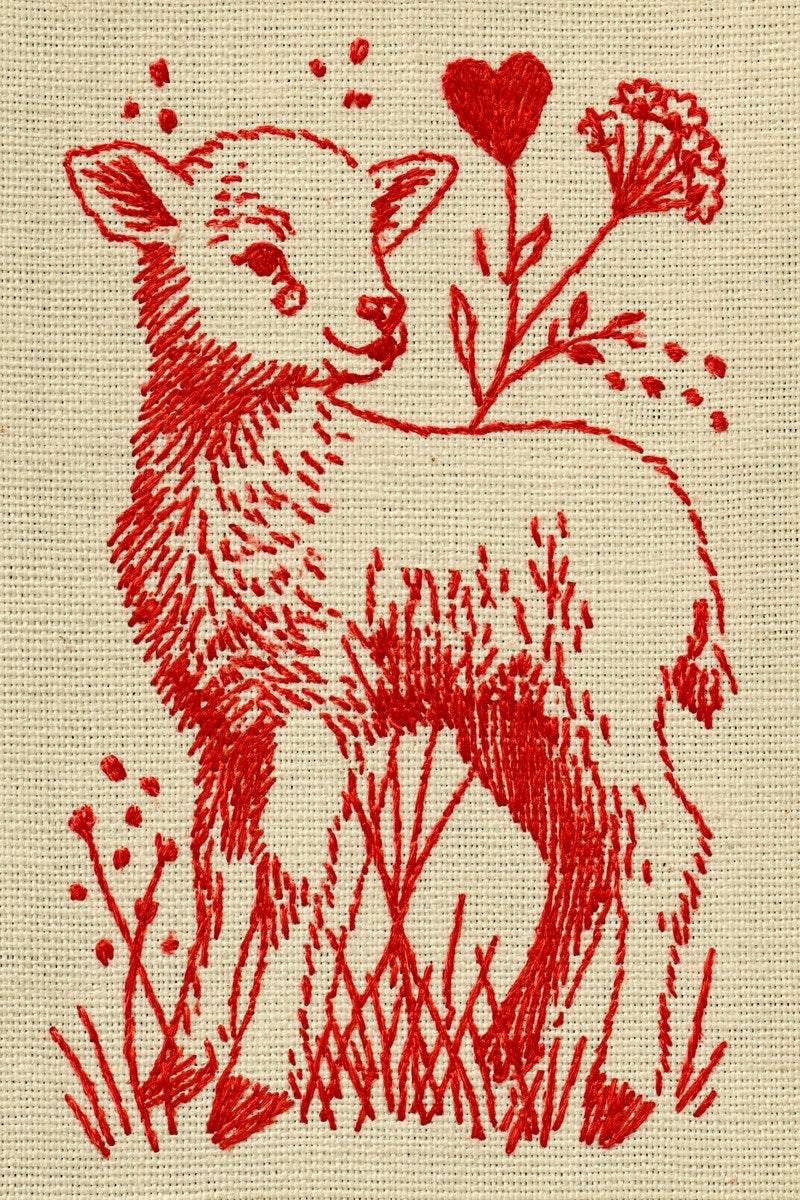 Original redwork design plate showing standing lamb with a heart and flower, from Redwork Embroidery Collection Edition One.