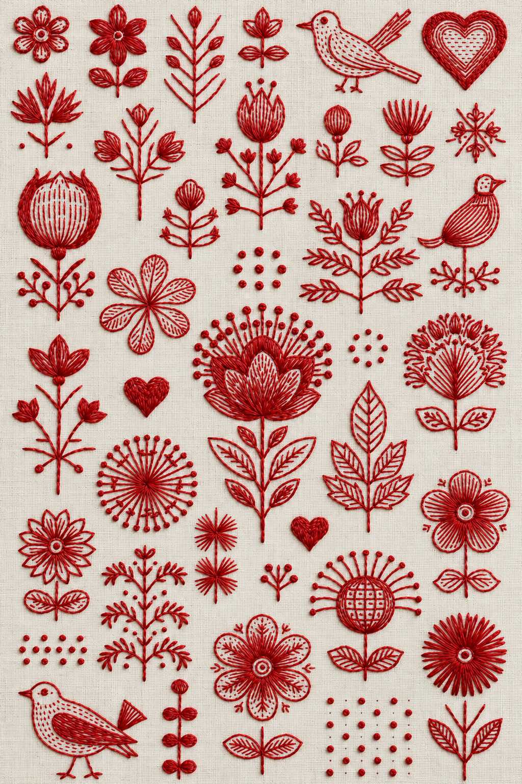 Embroidery visualization of mini flowers, birds, hearts and botanical sprigs in a single red cotton thread color on ivory linen.