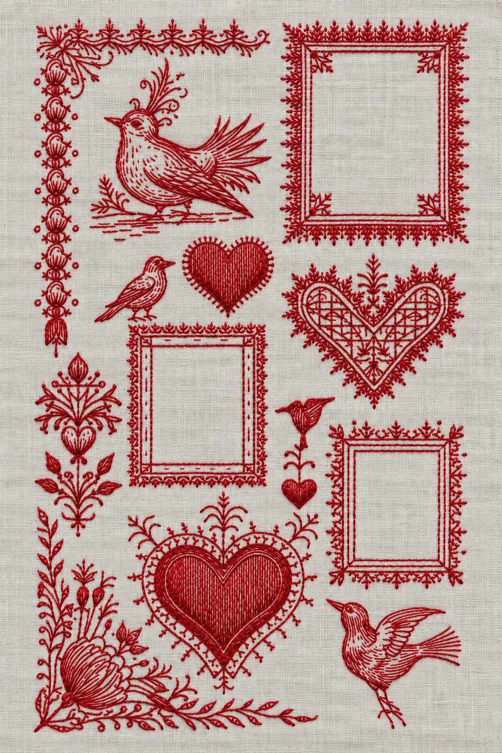 Embroidery visualization of open ornamental frames, birds and folk hearts in a single red cotton thread color on stone-grey linen.