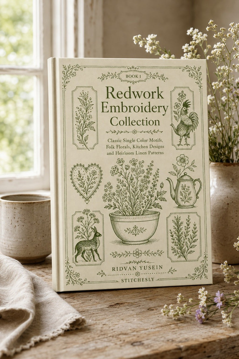 Redwork Embroidery Collection Edition One digital PDF, standing book cover.