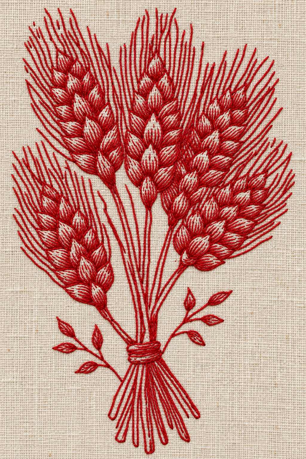 Embroidery visualization of four wheat ears tied into a sheaf in a single red cotton thread color on oatmeal linen.