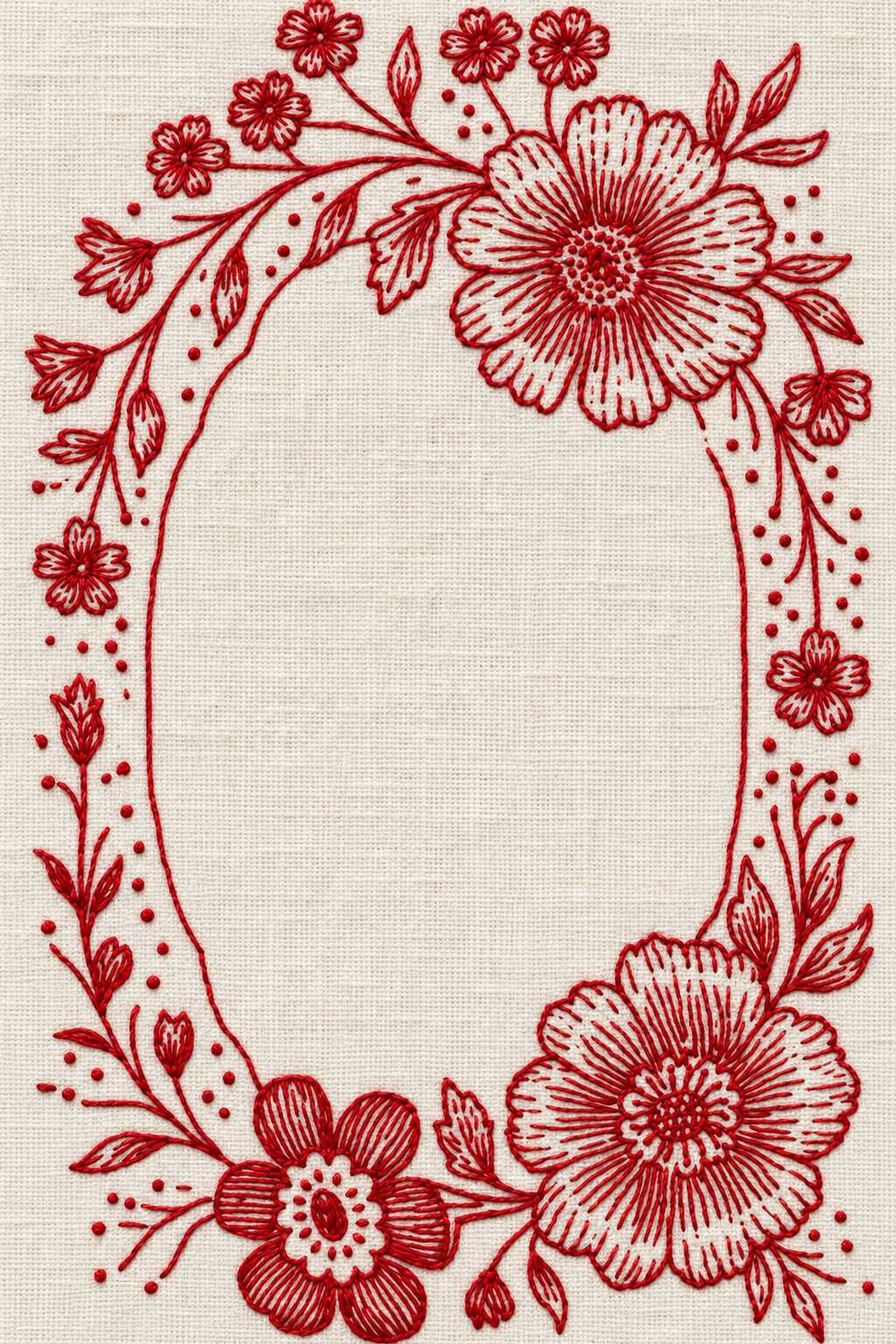 Embroidery visualization of asymmetric floral oval border in one red cotton thread color on warm ivory linen.