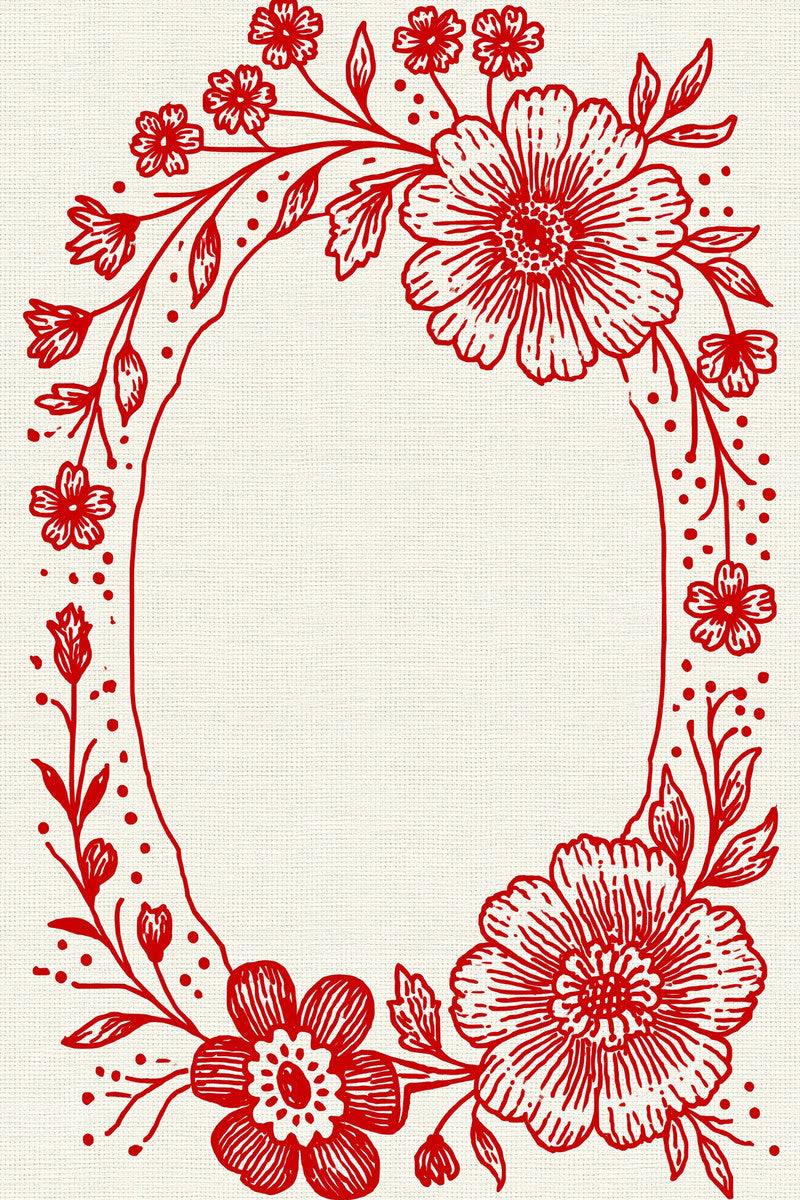Original redwork design plate showing asymmetric floral oval border, from Redwork Embroidery Collection Edition Three.