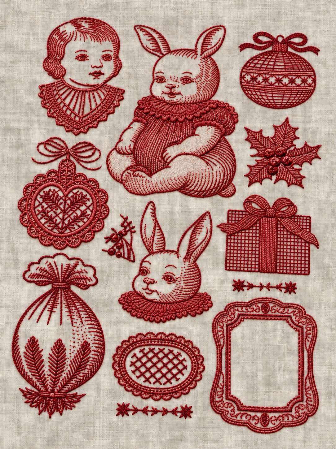 Embroidery visualization of baby rabbits gift and heirloom motifs in one red cotton thread color on oatmeal linen.