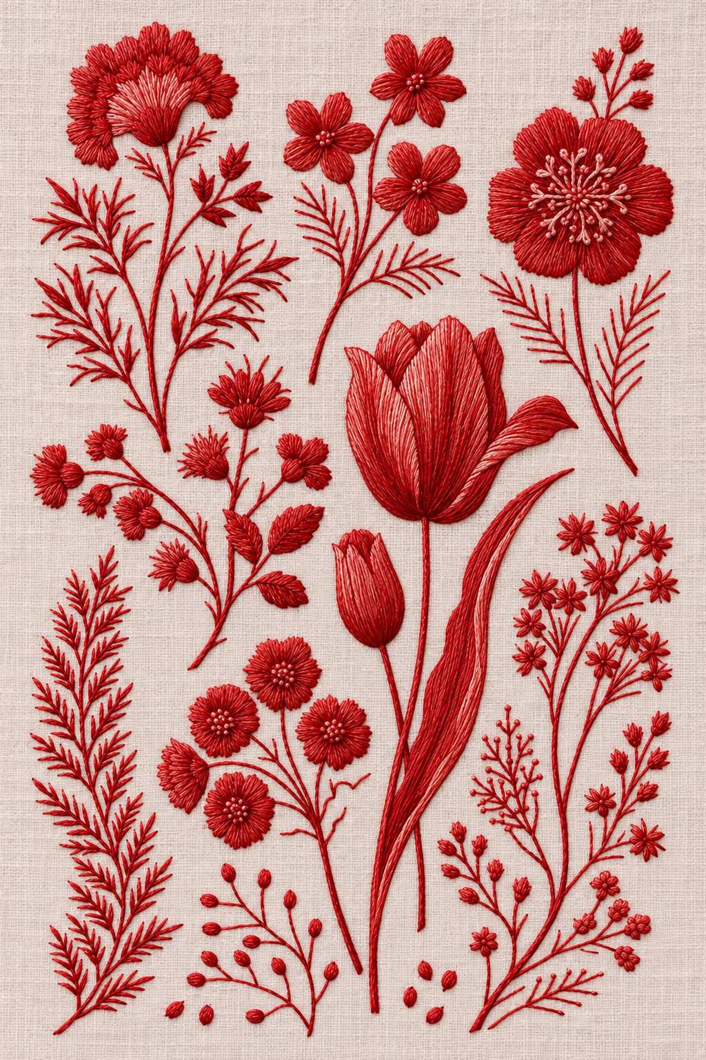 Embroidery visualization of central tulip and botanical sprigs in one red cotton thread color on blush linen.