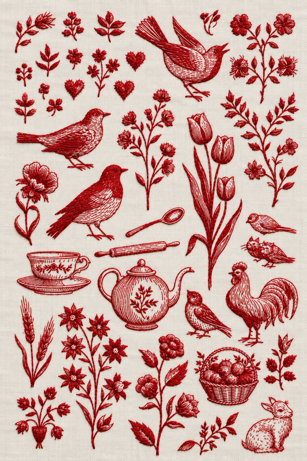 Embroidery visualization of domestic birds and kitchen motifs in one red cotton thread color on ivory linen.