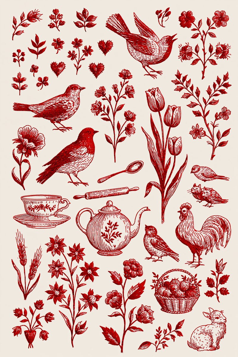 Original redwork design plate showing domestic birds and kitchen motifs, from Redwork Embroidery Collection Edition Three.