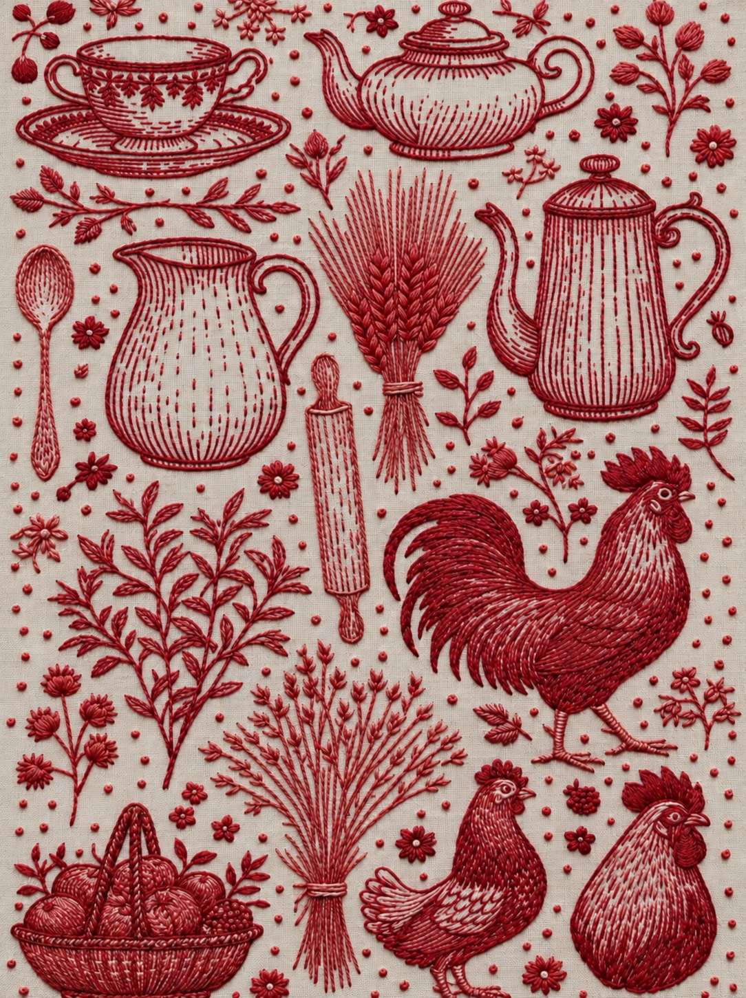 Embroidery visualization of farmhouse vessels wheat and poultry in one red cotton thread color on light stone-grey linen.