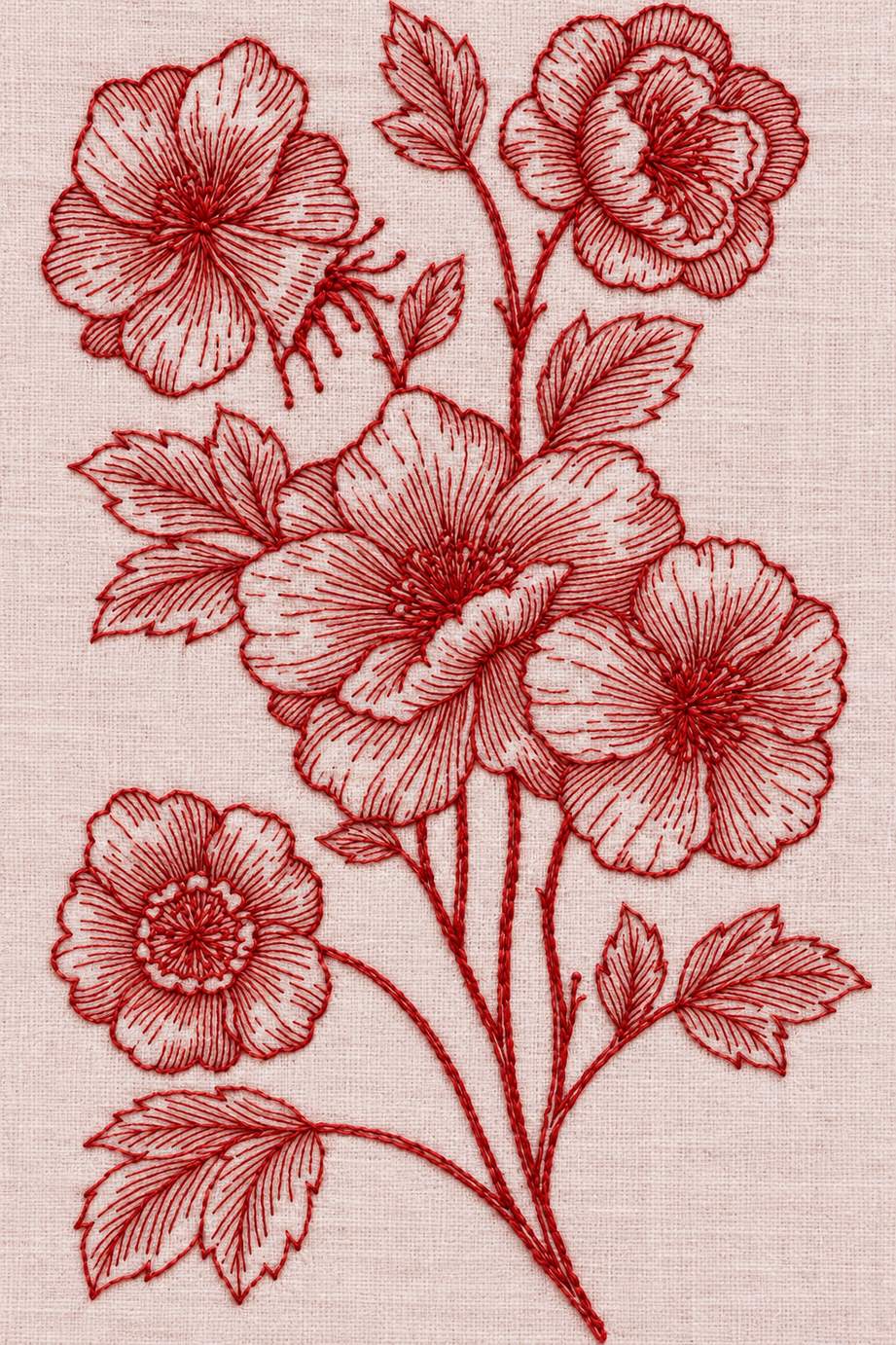 Embroidery visualization of five open blooms and leafy stems in one red cotton thread color on pale blush linen.