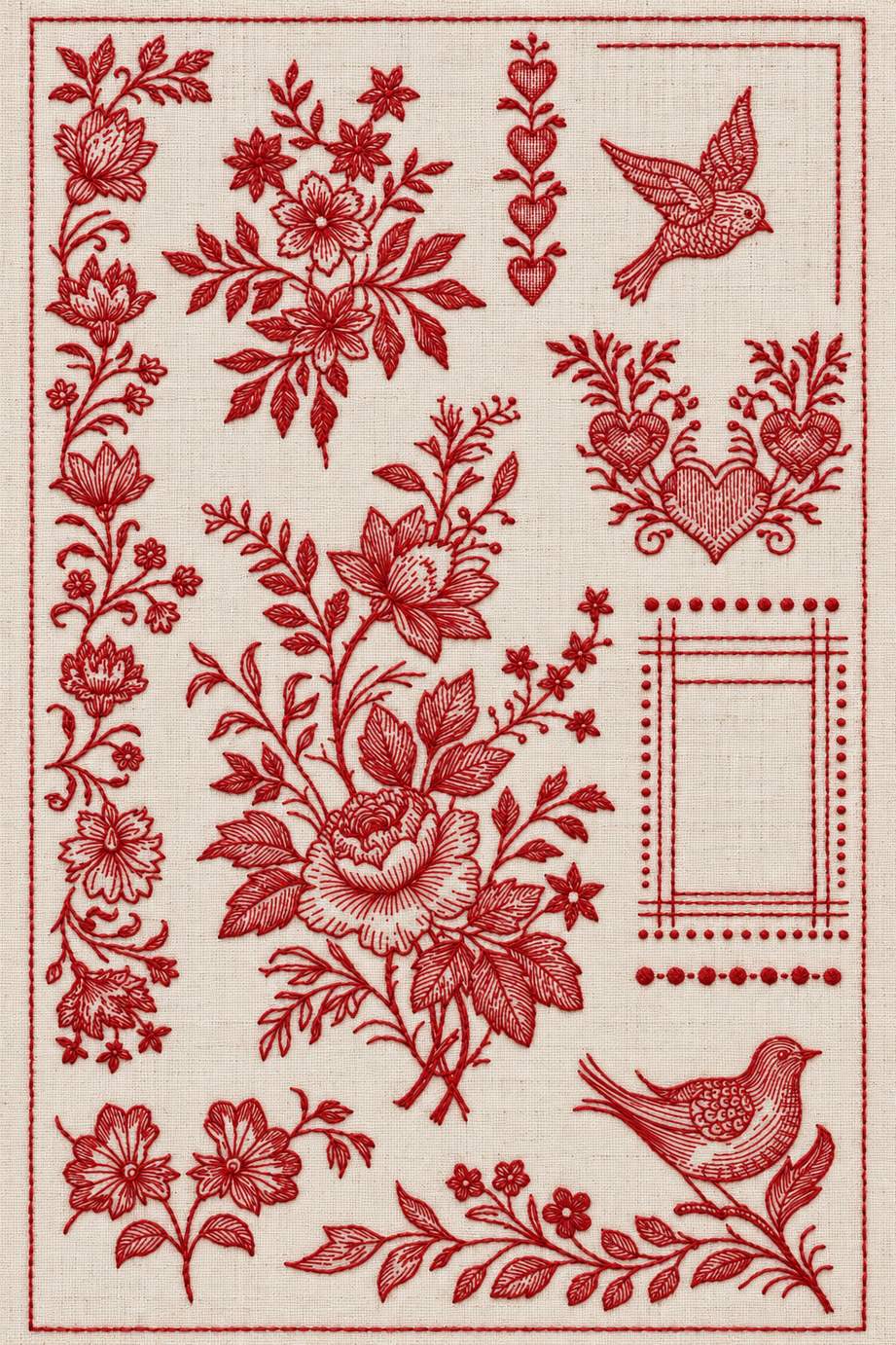 Embroidery visualization of floral heart and bird sampler in one red cotton thread color on warm ivory linen.