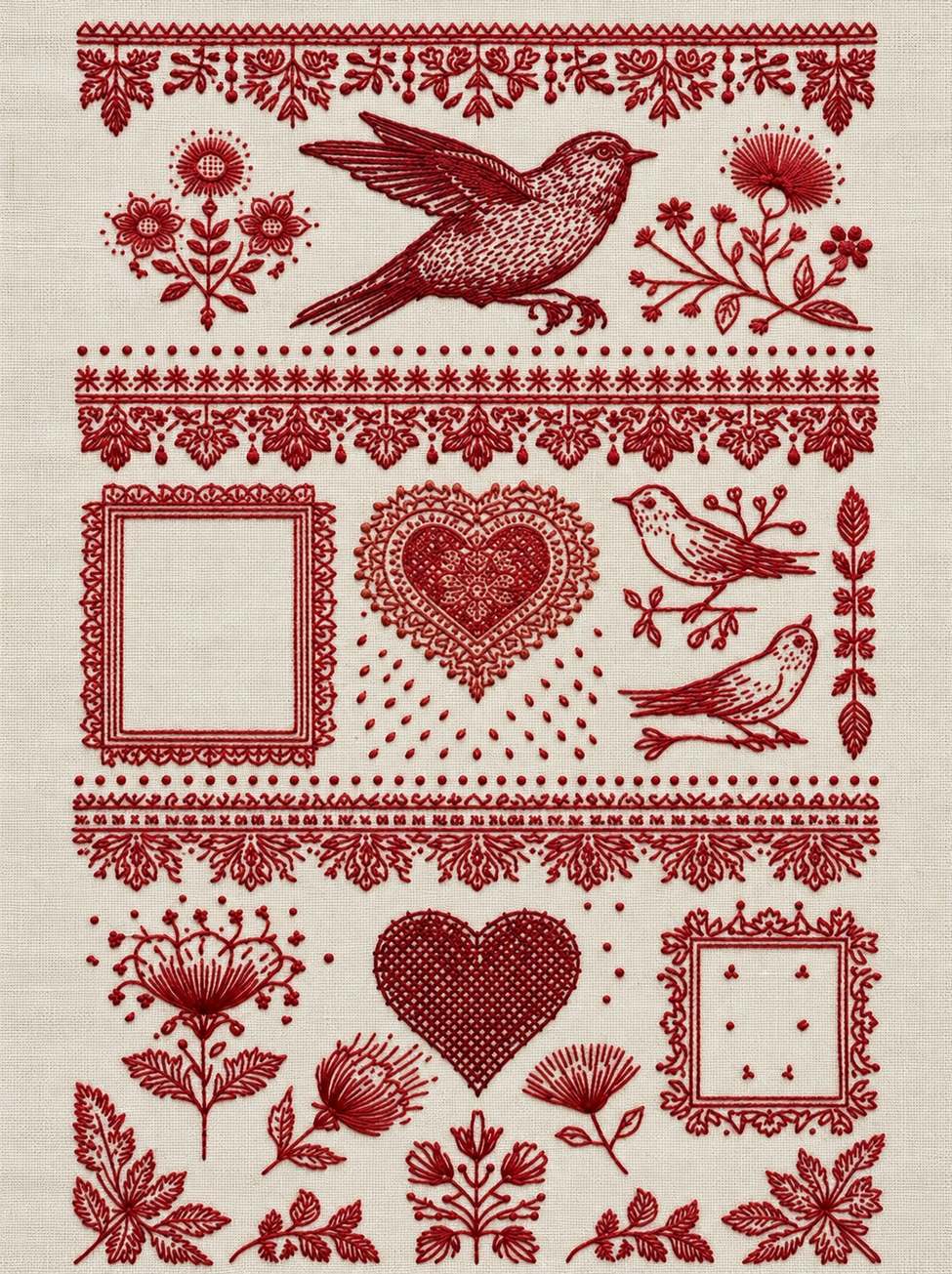 Embroidery visualization of flying bird hearts and ornamental bands in one red cotton thread color on warm ivory linen.