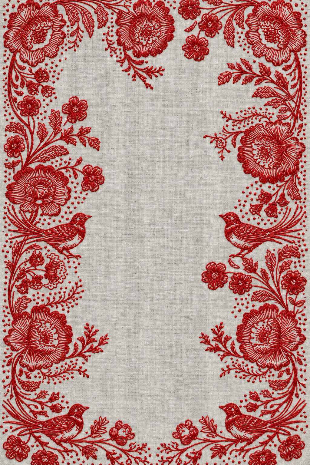 Embroidery visualization of four bird and poppy border in one red cotton thread color on stone-grey linen.