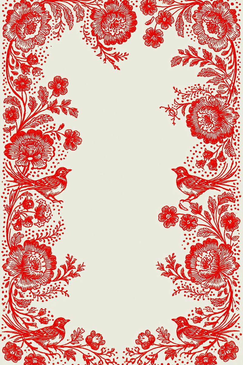 Original redwork design plate showing four bird and poppy border, from Redwork Embroidery Collection Edition Three.