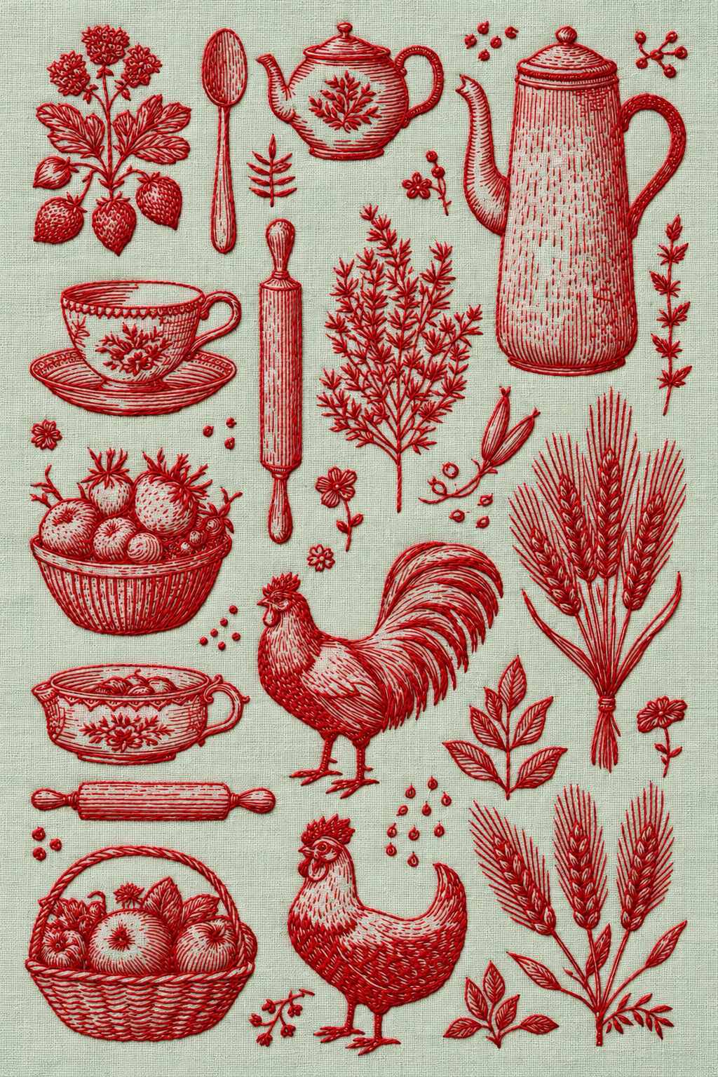 Embroidery visualization of kitchen roosters and wheat in one red cotton thread color on celadon linen.