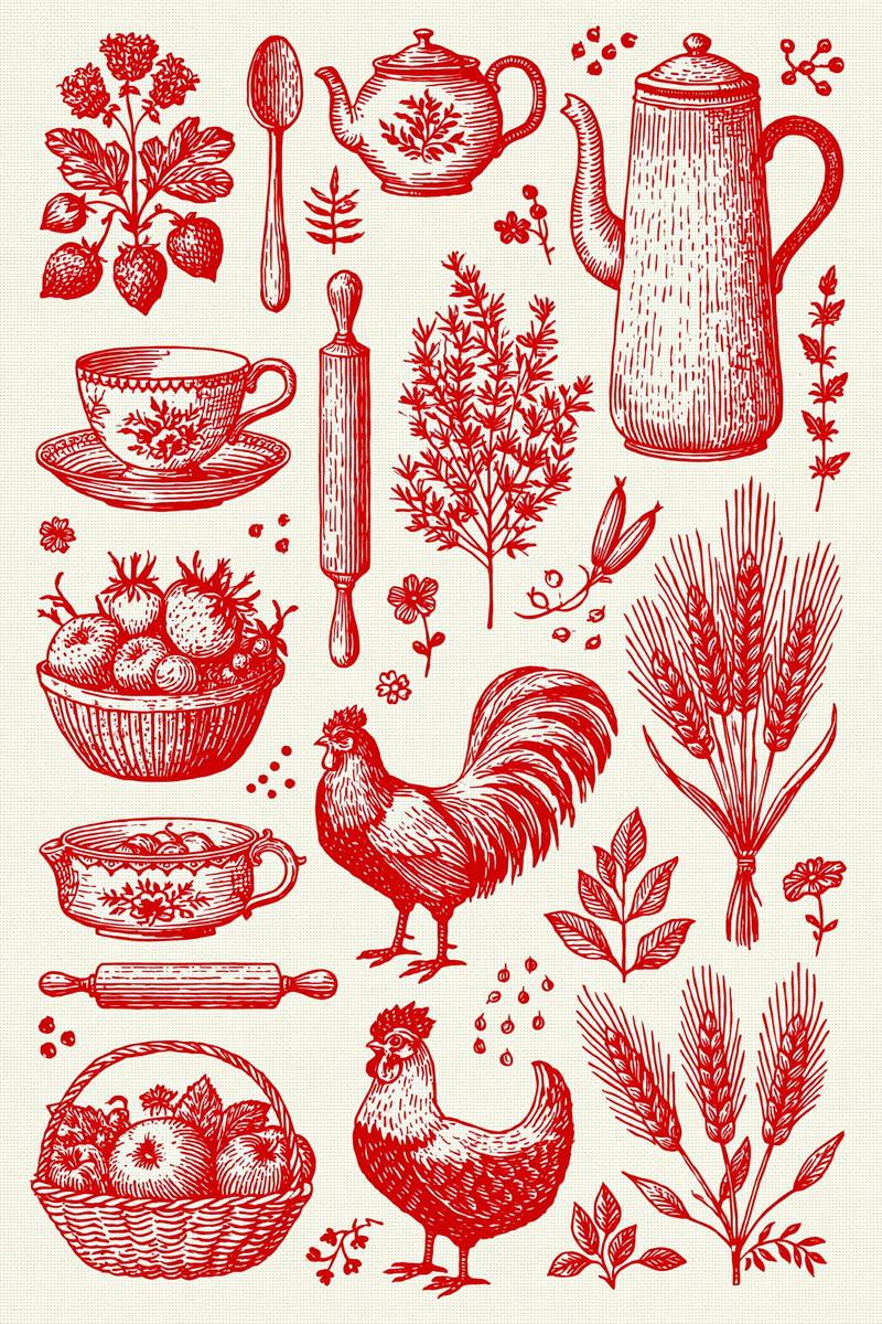 Original redwork design plate showing kitchen roosters and wheat, from Redwork Embroidery Collection Edition Three.