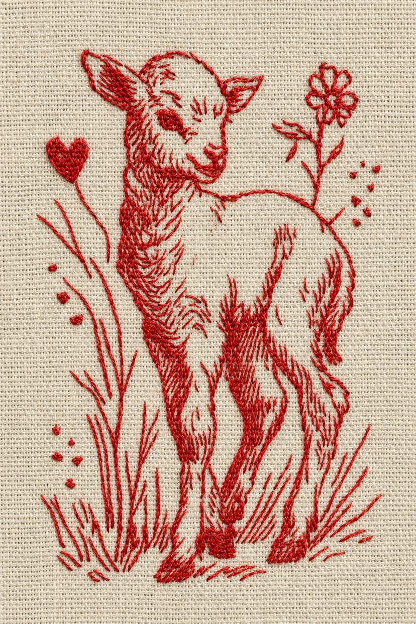 Embroidery visualization of lamb heart and meadow flower in one red cotton thread color on warm ivory linen.