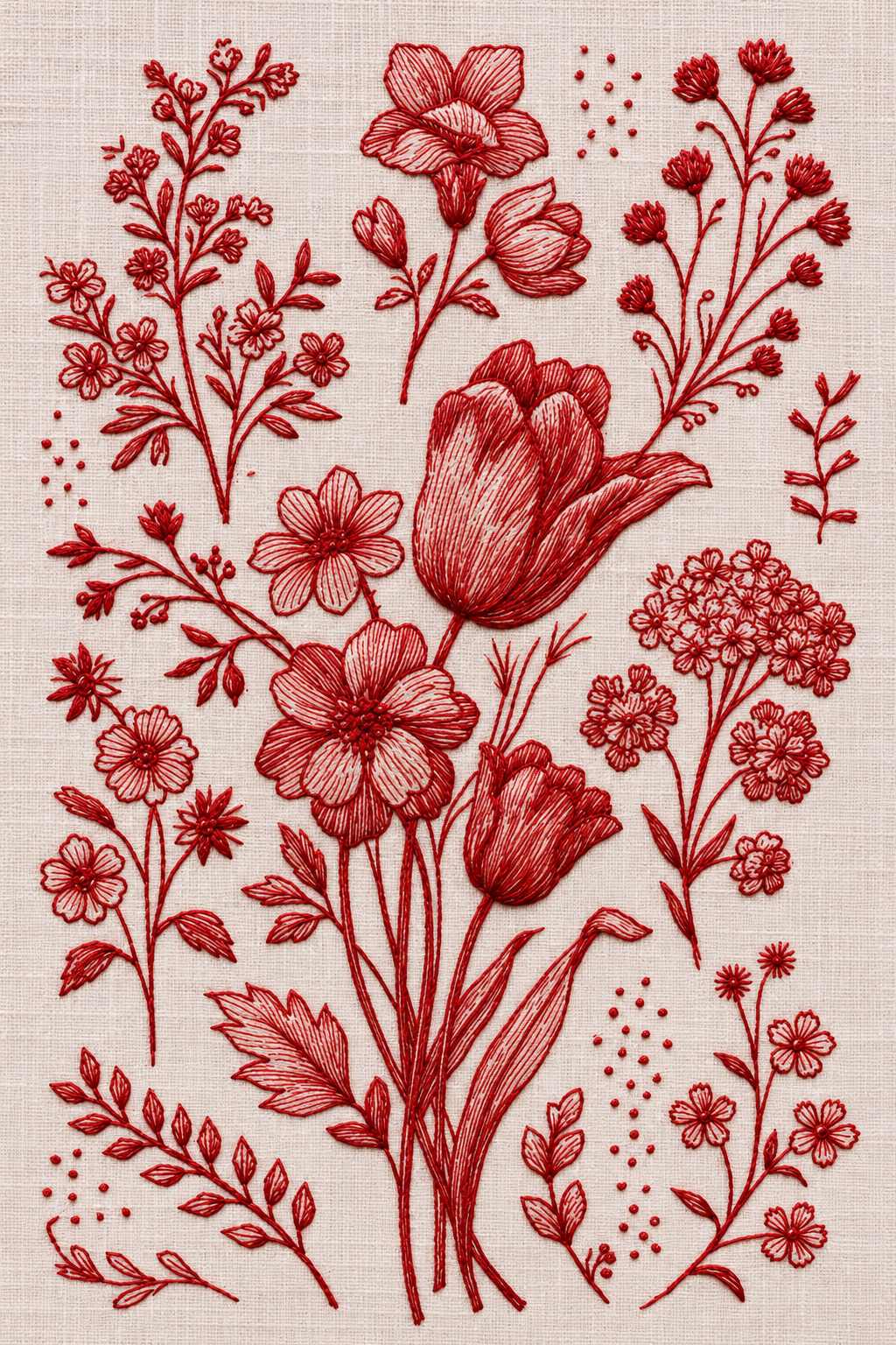 Embroidery visualization of large tulip and floral sprigs in one red cotton thread color on blush linen.