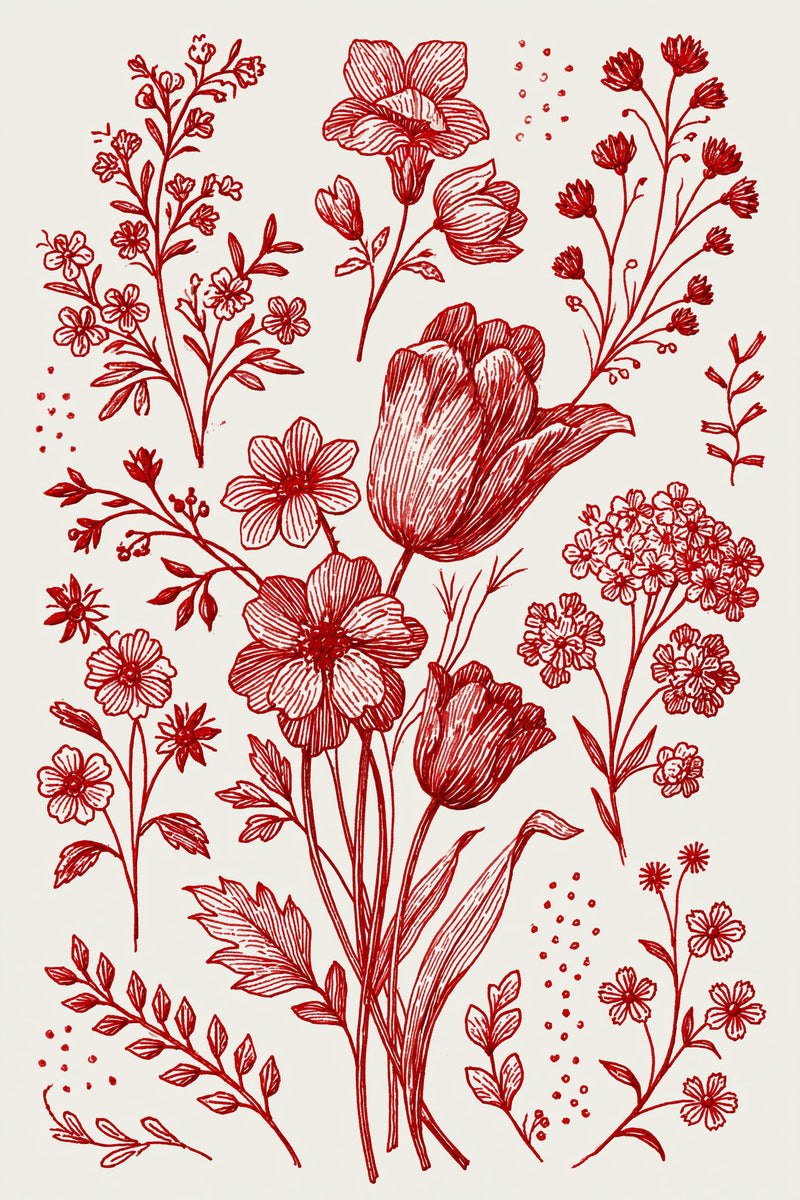 Original redwork design plate showing large tulip and floral sprigs, from Redwork Embroidery Collection Edition Three.
