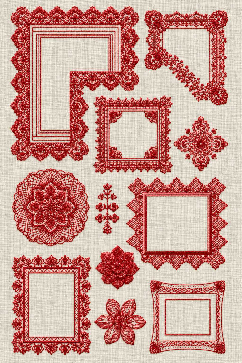 Embroidery visualization of ornamental frames and rosettes in one red cotton thread color on ivory linen.