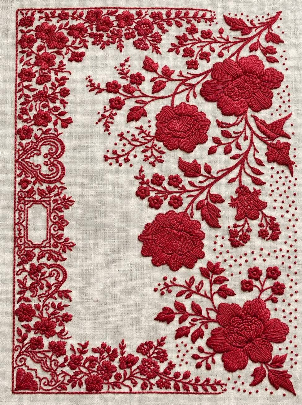 Embroidery visualization of ornate corner border and rose sprays in one red cotton thread color on warm ivory linen.