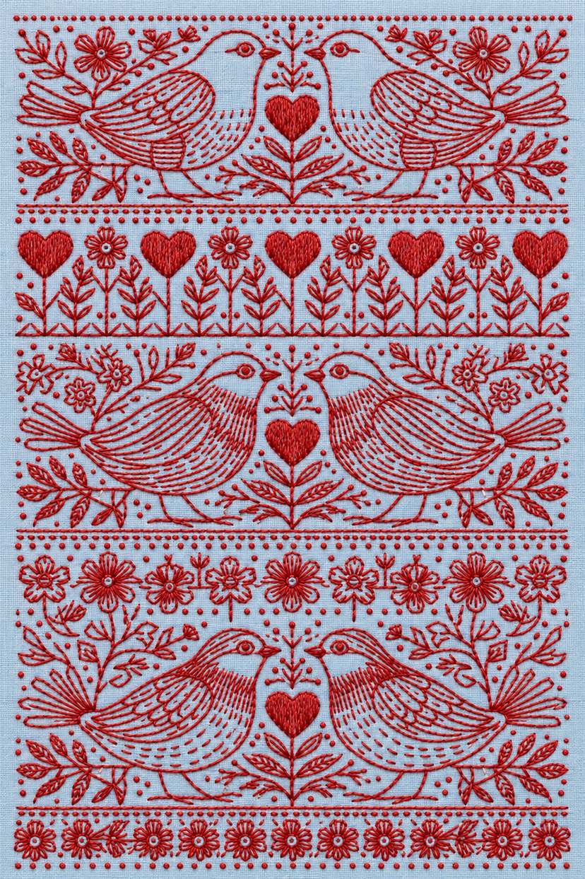 Embroidery visualization of paired birds and heart bands in one red cotton thread color on powder-blue linen.