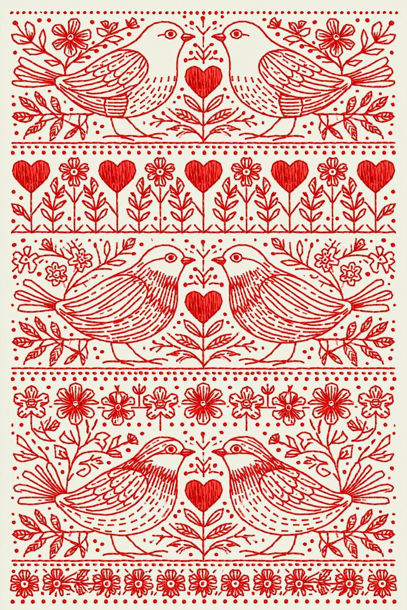 Original redwork design plate showing paired birds and heart bands, from Redwork Embroidery Collection Edition Three.
