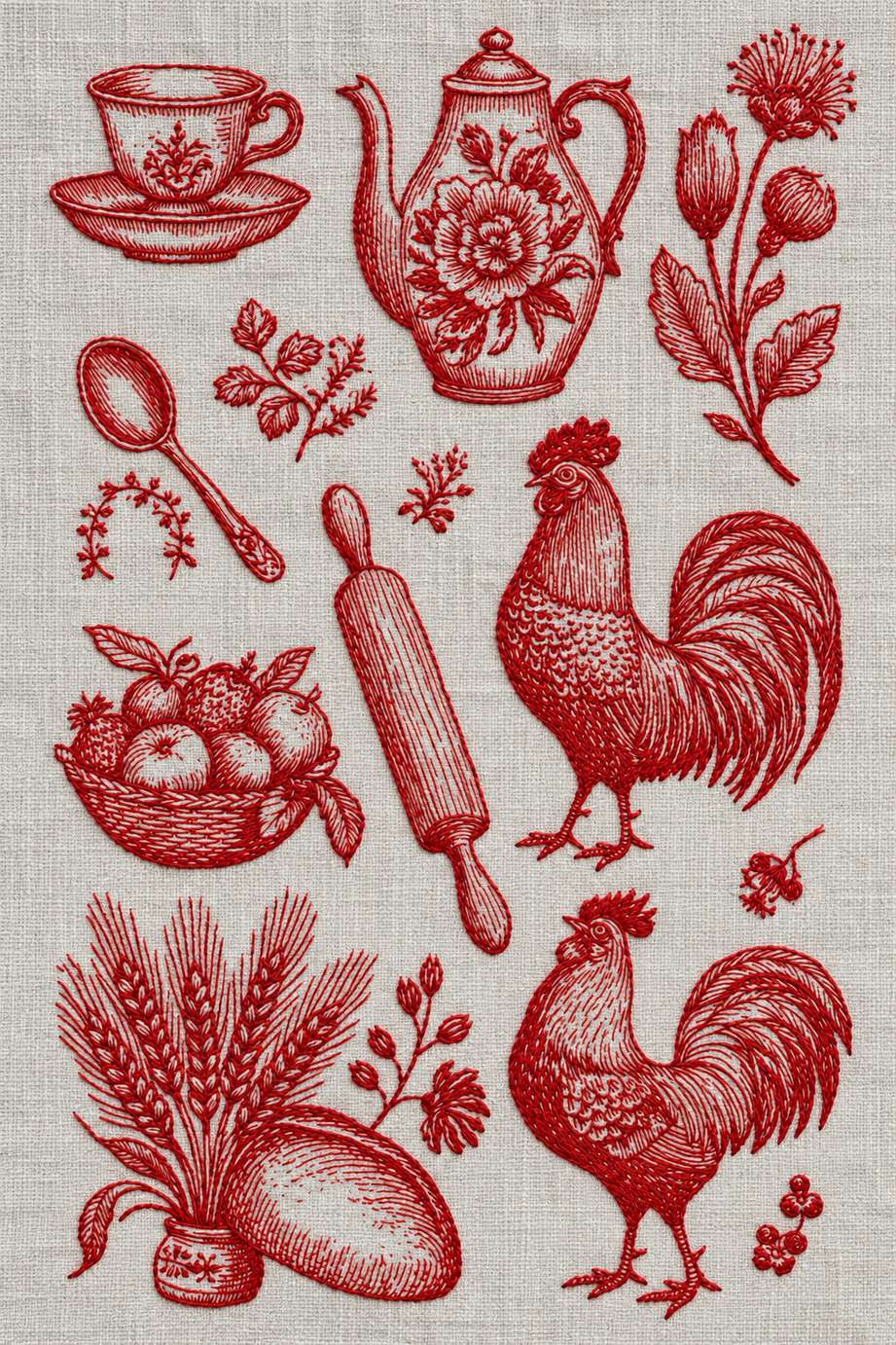 Embroidery visualization of roosters coffee pot and harvest motifs in one red cotton thread color on light stone-grey linen.