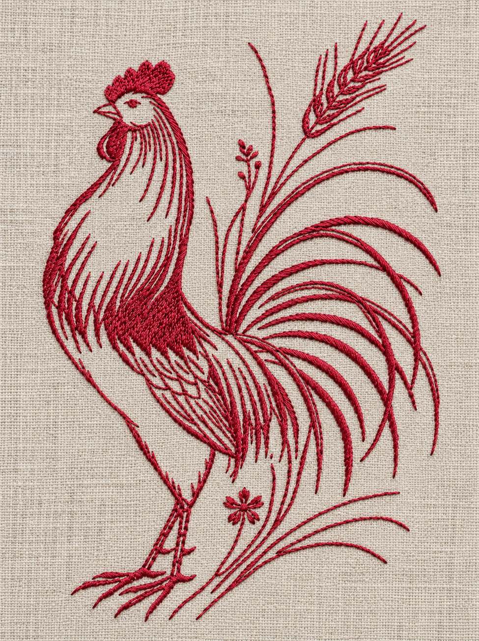 Embroidery visualization of single rooster and wheat sprig in one red cotton thread color on oatmeal linen.