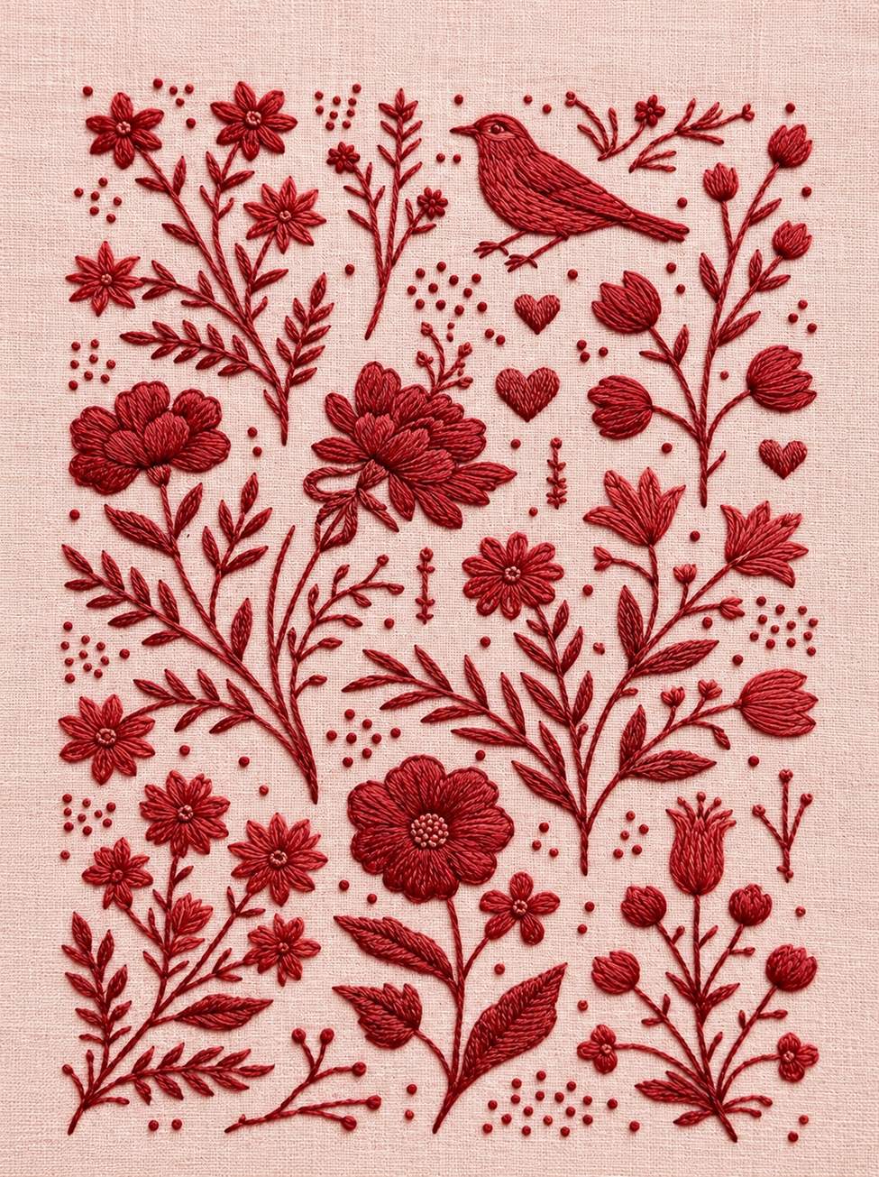 Embroidery visualization of songbird hearts and flowering sprigs in one red cotton thread color on pale blush linen.