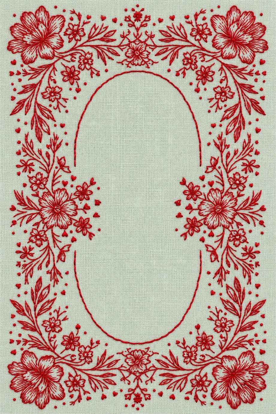 Embroidery visualization of symmetric floral frame and open oval in one red cotton thread color on pale celadon linen.
