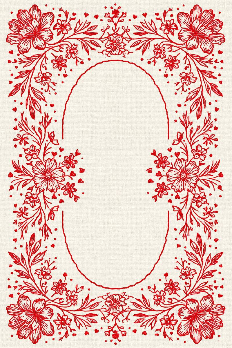 Original redwork design plate showing symmetric floral frame and open oval, from Redwork Embroidery Collection Edition Three.