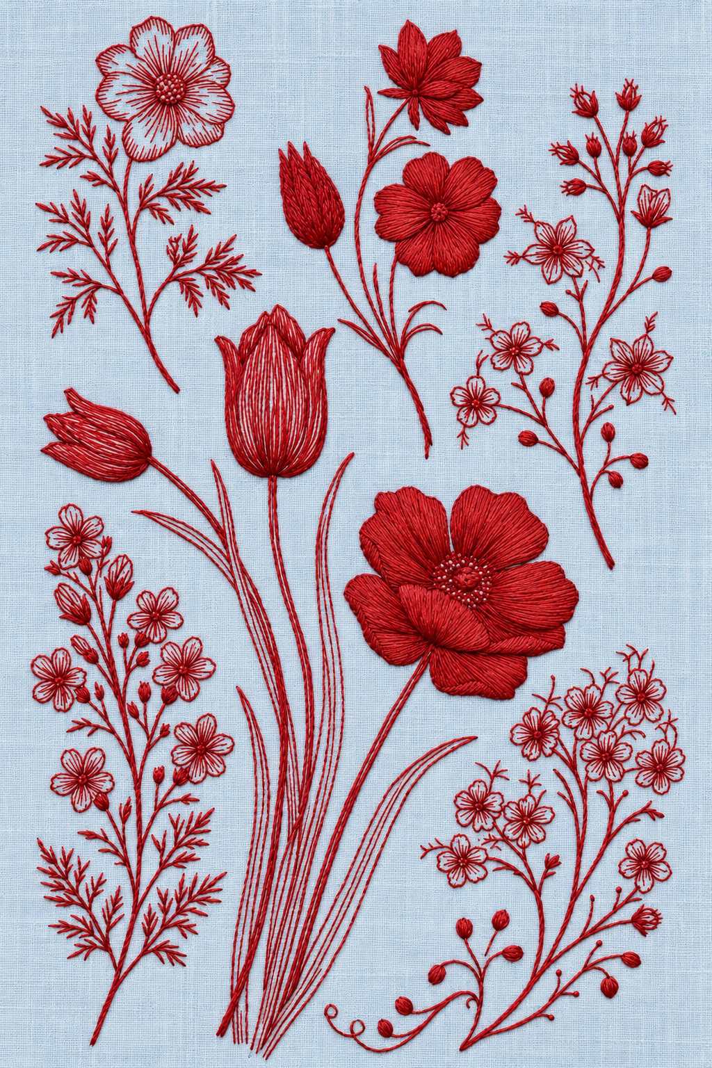 Embroidery visualization of tulips and wildflower sprays in one red cotton thread color on powder-blue linen.