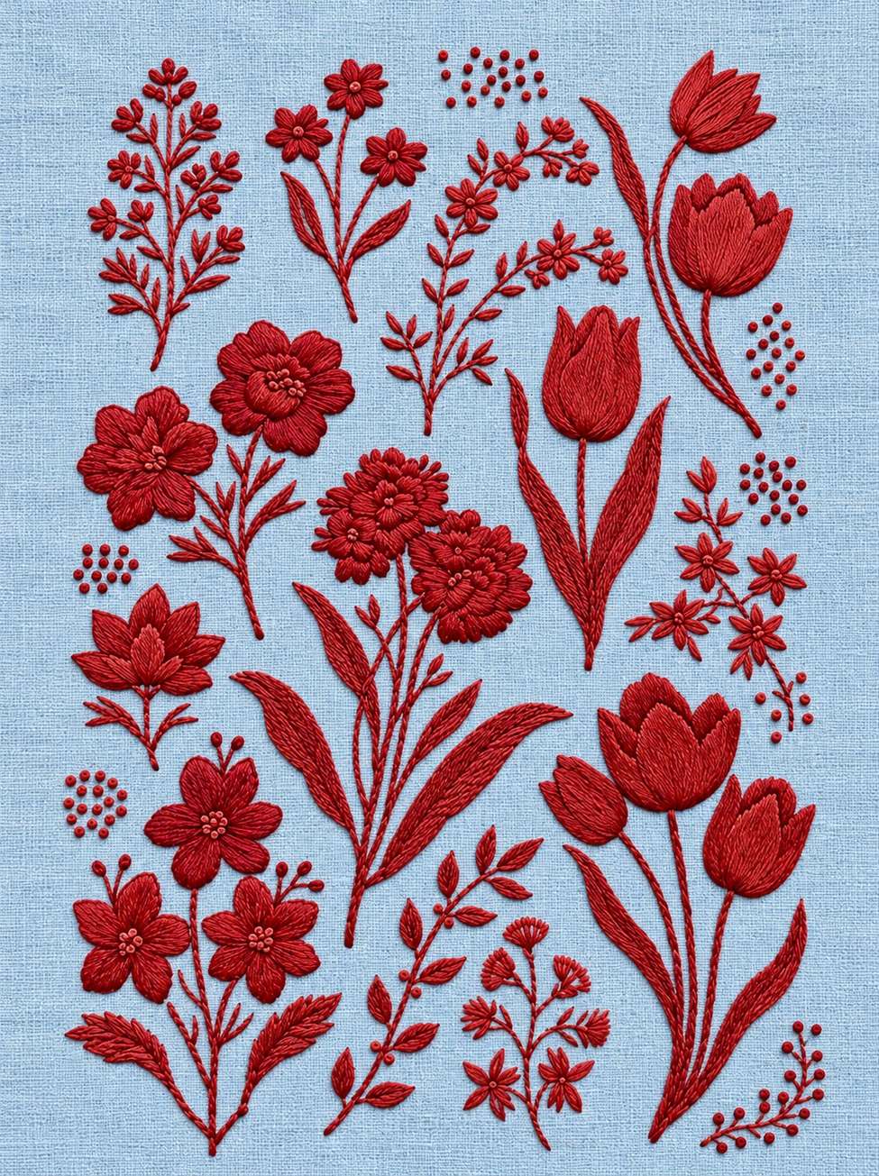 Embroidery visualization of tulips open blooms and botanical library in one red cotton thread color on powder-blue linen.
