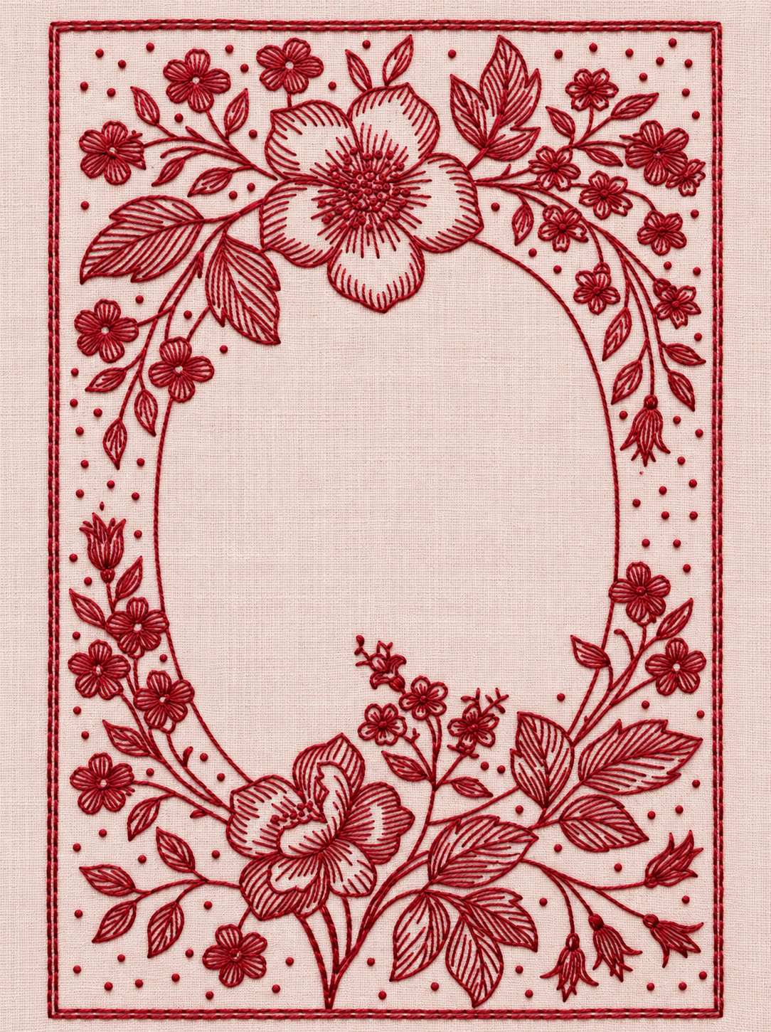 Embroidery visualization of two large flowers and oval sampler frame in one red cotton thread color on pale blush linen.