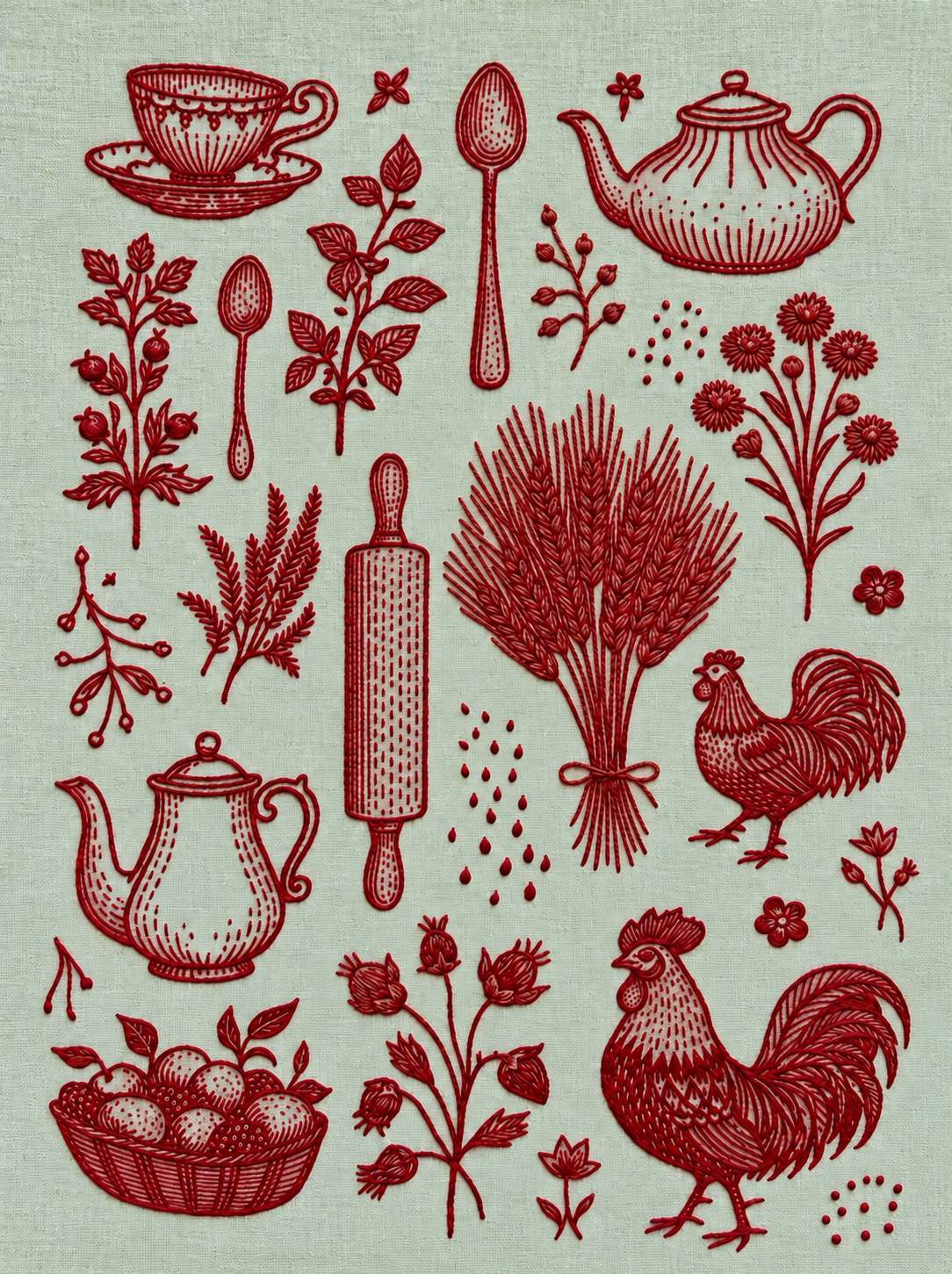 Embroidery visualization of two roosters teapots and wheat sampler in one red cotton thread color on pale celadon linen.