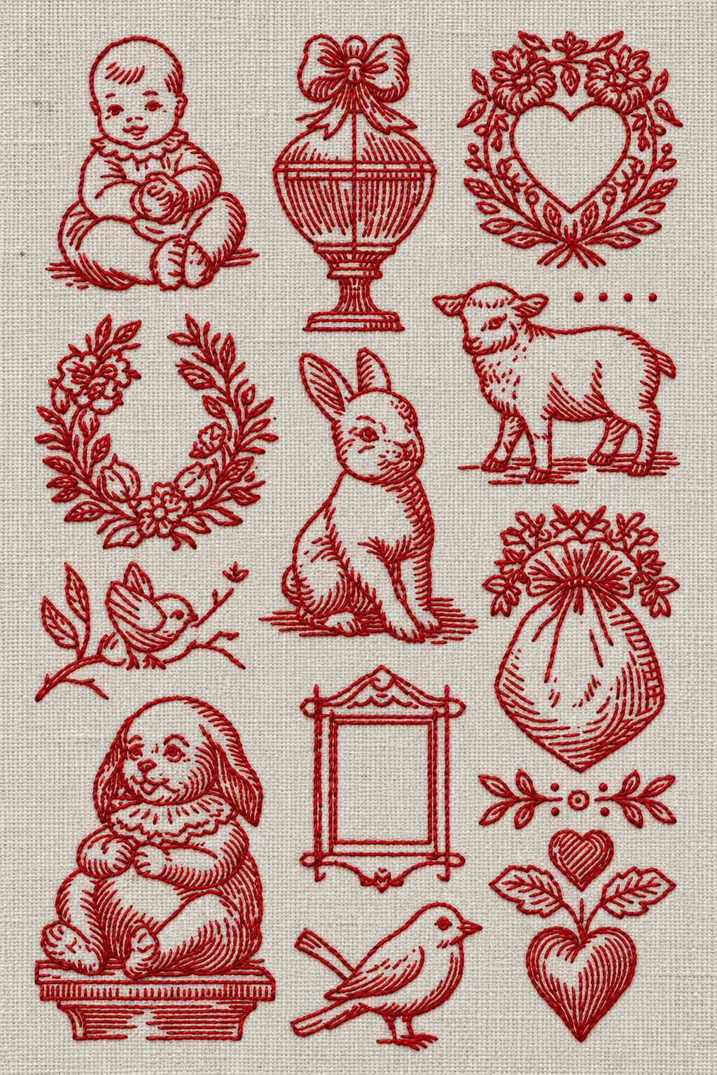 Embroidery visualization of baby, rabbit, lamb and gift motifs in one red cotton thread color on stone-grey linen.
