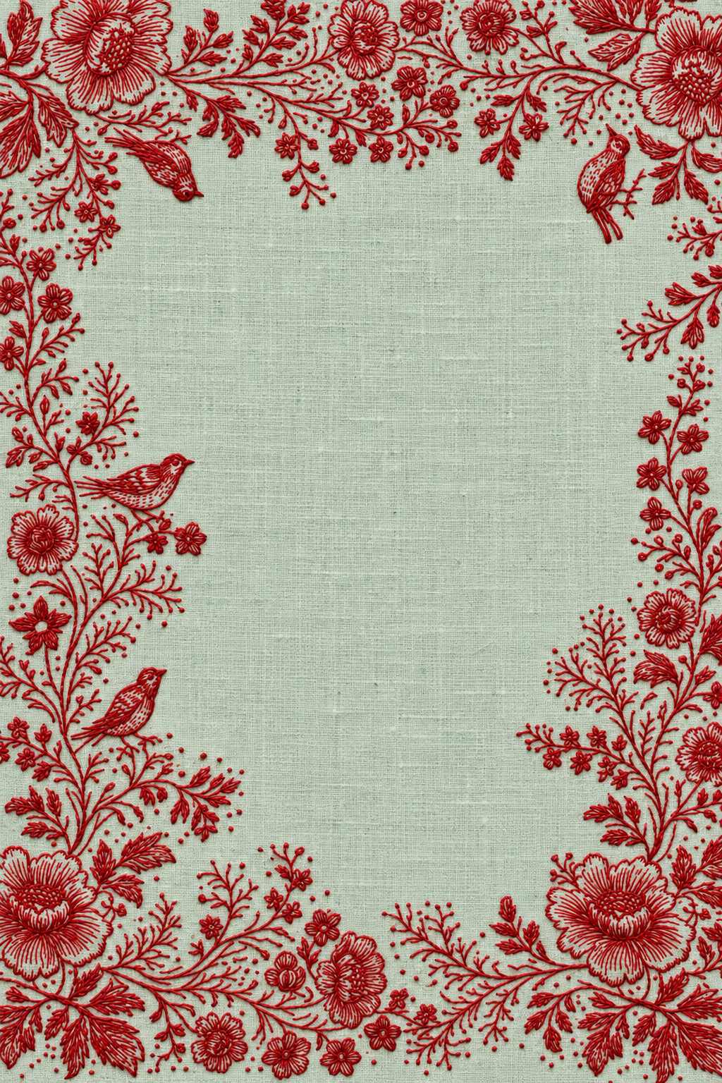 Embroidery visualization of four birds and a poppy border with an open center in one red cotton thread color on celadon linen.