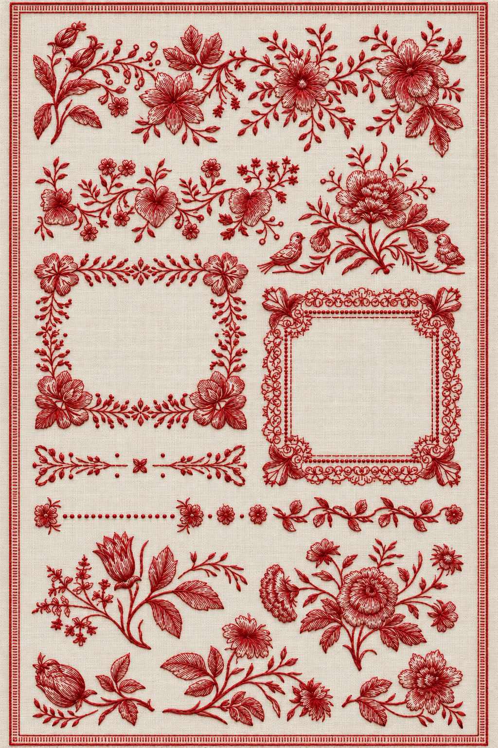 Embroidery visualization of floral garlands and open rectangular frames in one red cotton thread color on ivory linen.