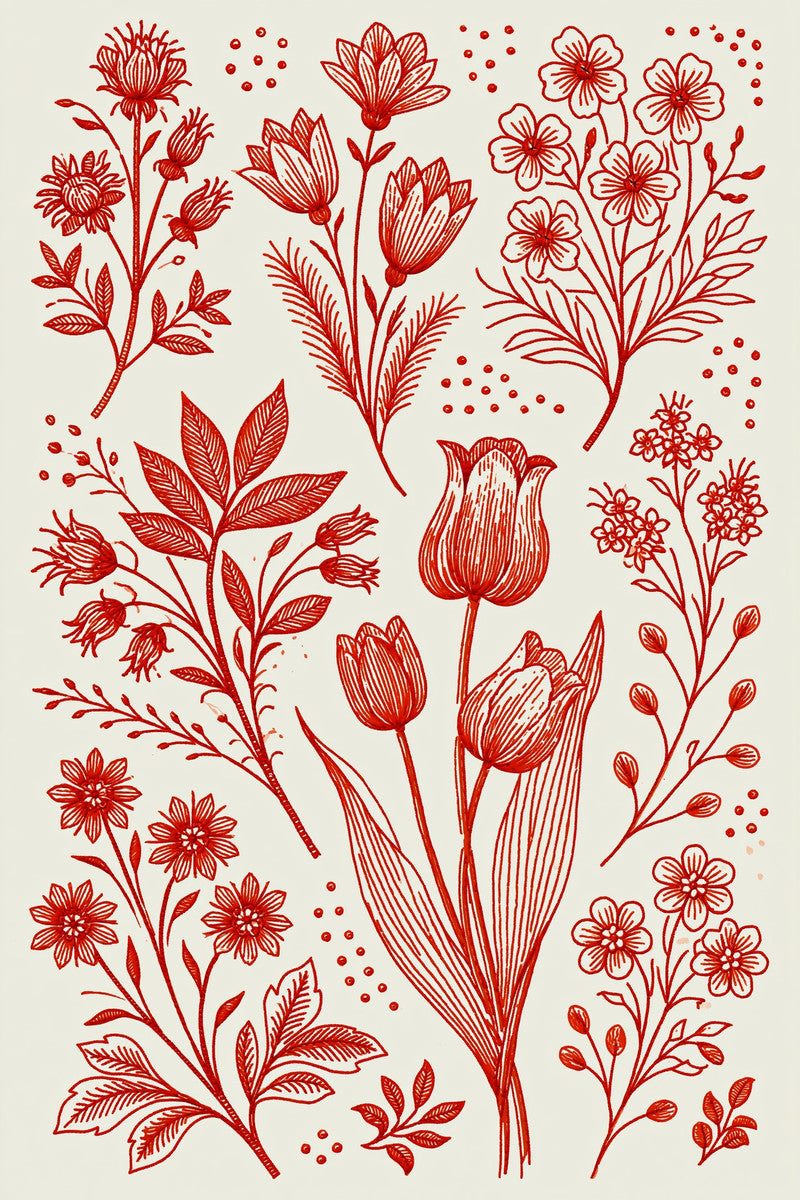 Original redwork design plate showing tulips and small flowering sprigs, from Redwork Embroidery Collection Edition Two.