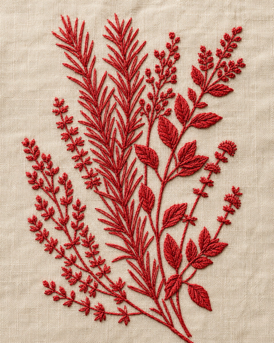 Redwork Herb Sprig Design from Napkins, Table Runners & Kitchen Linens Book 1, a digital embroidery design reference for machine embroidery designs, embroidery patterns and border and edge embroidery.