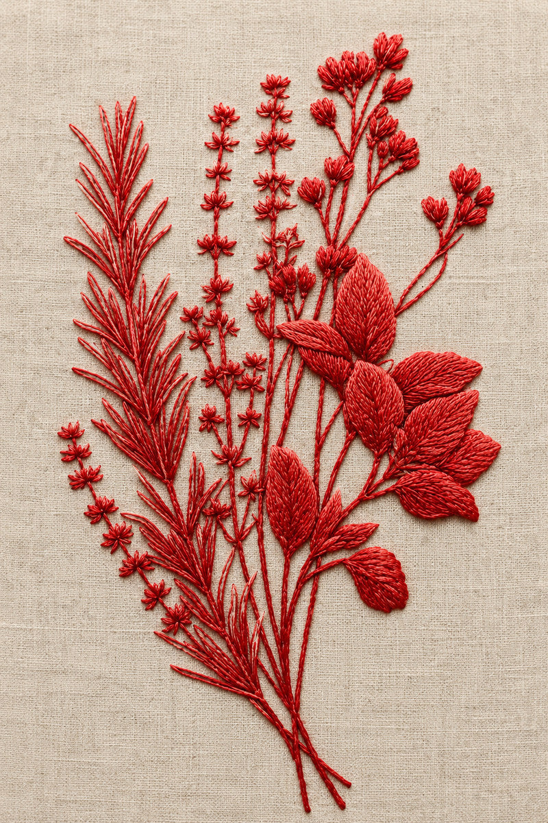 Redwork Herb Sprig Design from Napkins, Table Runners & Kitchen Linens Book 4, a digital embroidery design reference for machine embroidery designs, embroidery patterns and border and edge embroidery.