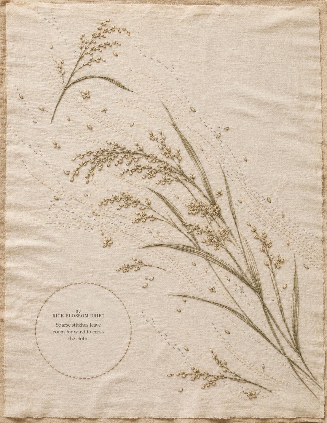 Rice Blossom Drift embroidered repair cloth with fine botanical stems