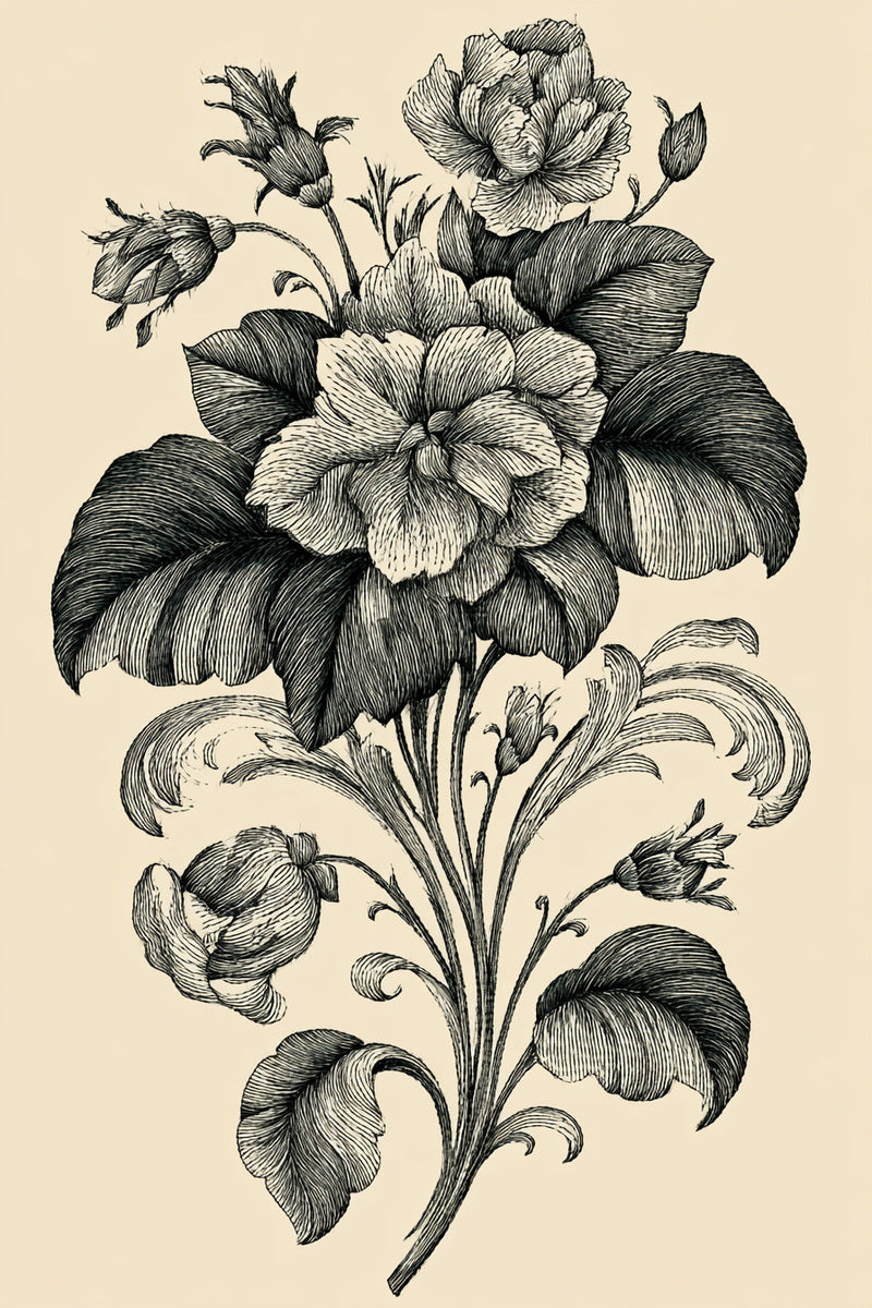 Rich Decorative Botanical Centerpiece from Botanical Embroidery Designs Book 3, a digital embroidery design reference for machine embroidery designs, embroidery patterns and botanical and floral embroidery.