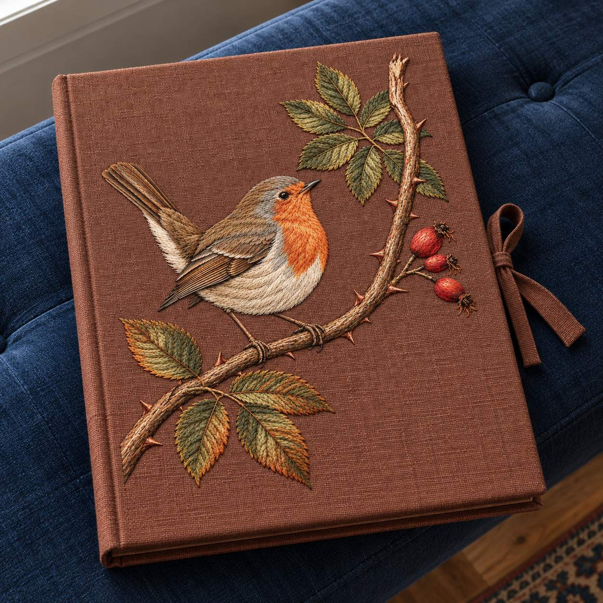 Robin at the Split Rose Cane visual mockup shown on a cloth portfolio cover, with the design on muted russet linen.