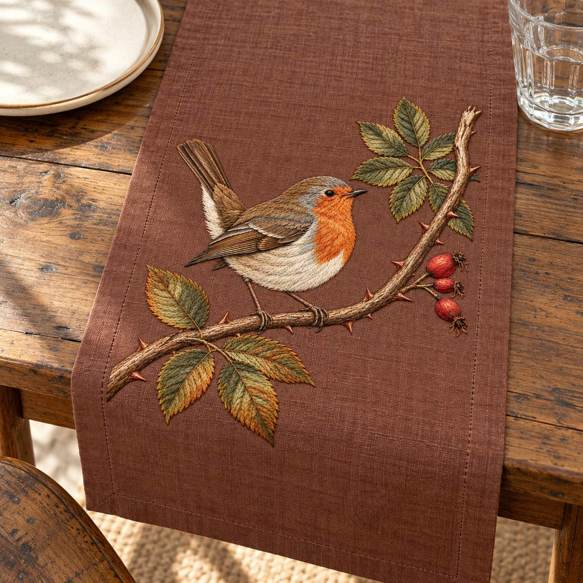 Robin at the Split Rose Cane visual mockup shown on a textile runner over a console, with the design on muted russet linen.